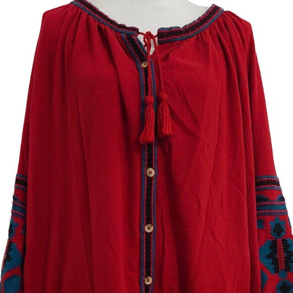 Free People In the Clear 100% Cotton Red Embroidered Shirt Tunic Dress - Picture 8 of 14